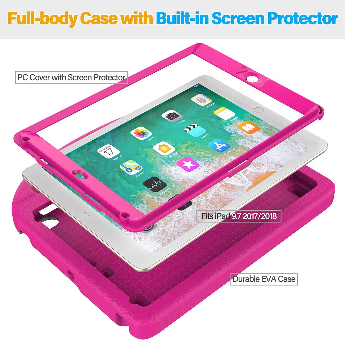 Suplik Kids Case for iPad 5th/6th Generation(9.7 inch, 2017/2018), iPad Air 2/1 & Pro 9.7 Case with Screen Protector, Durable Protective Cover with Handle Stand for Apple iPad 5/6 Gen, Pink