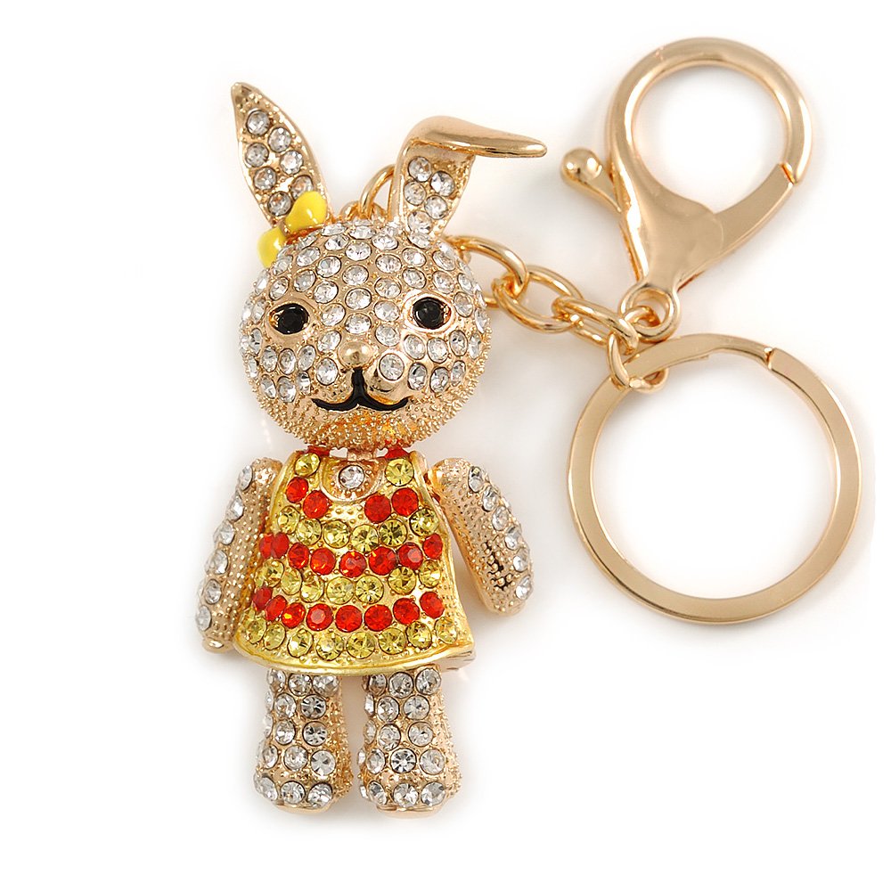 Avalaya Clear/Red/Yellow Crystal Happy Easter Bunny Keyring/Bag Charm In Gold Tone Metal - 10cm L