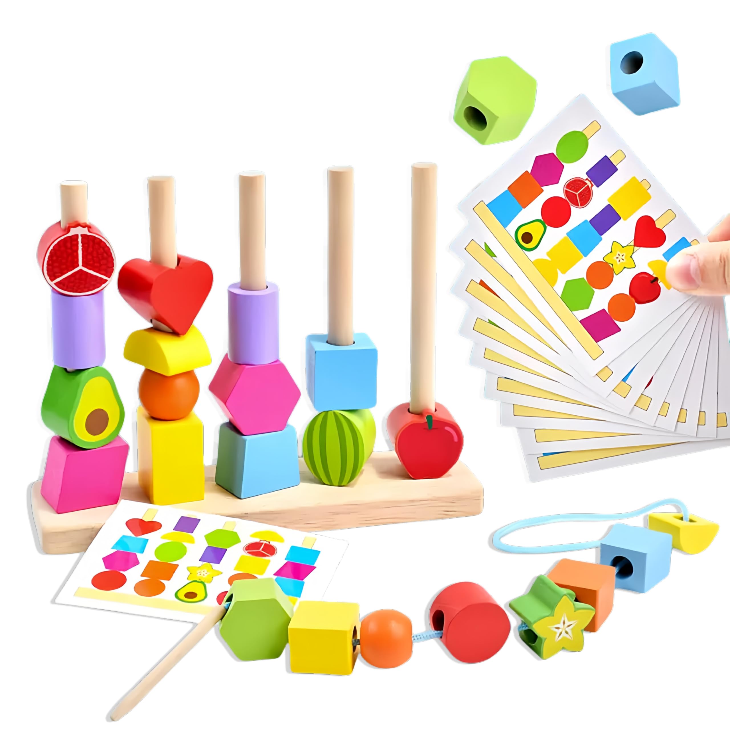 Echehi 2-in-1 Montessori Threading Toys for Toddlers, Fine Motor Skills Development, Wooden Stacking Blocks, Lacing Beads, Matching Shapes Toy