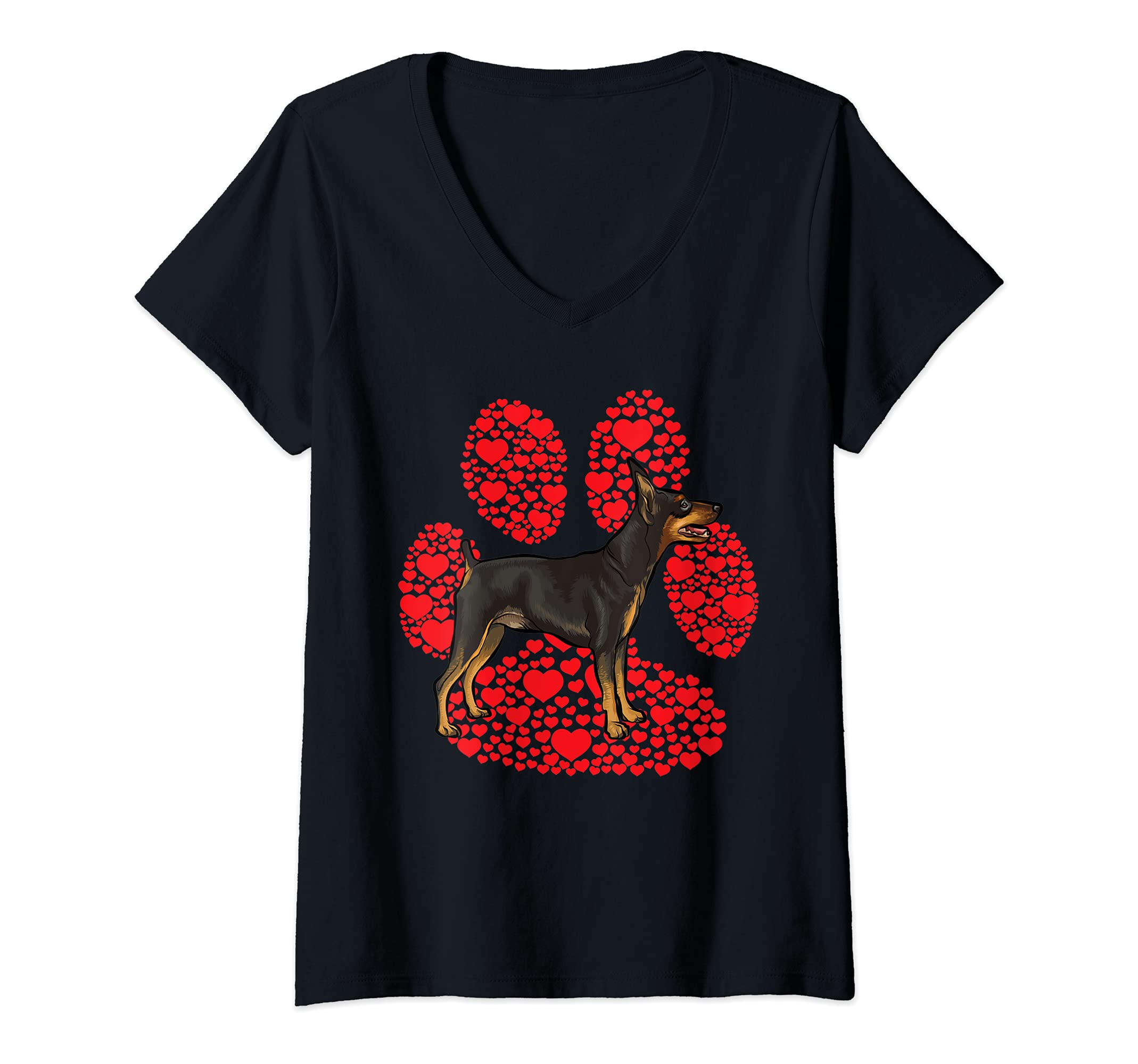 Womens Miniature Pinscher Valentines Day Dog Love Paw V-Neck T-Shirt