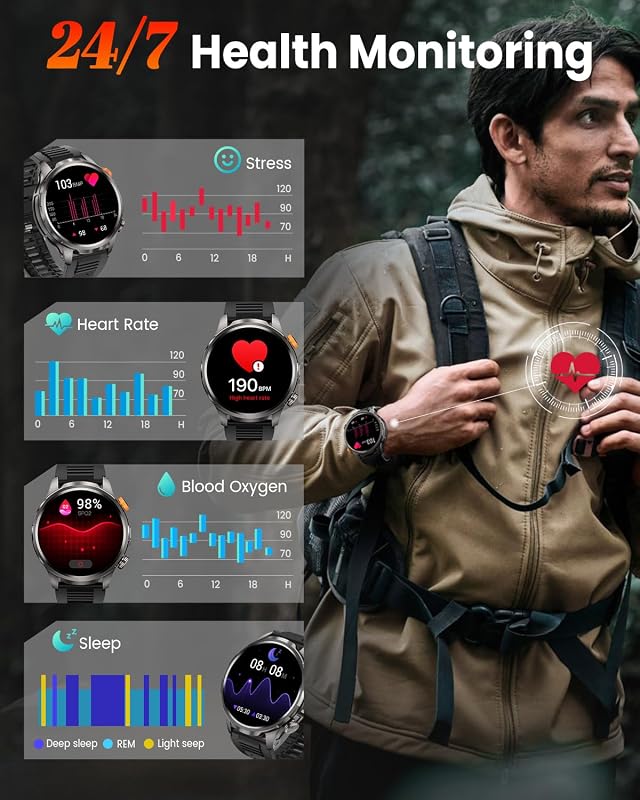 Smartwatch Herren Militär mit 1000mAh und LED Taschenlampen (Orange) — Foto 6 von 8