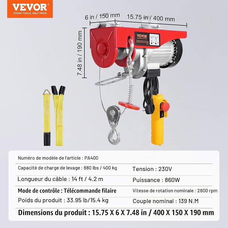 Palan Électrique, Charge Double Câble 400 kg, Télécommande Filaire 4,2 m, Hauteur Levage à Câble Simple 12 m, Élingue Simple Double, Arrêt d'Urgence, Palan Élévateur pour Garage, Entrepôt, Usine