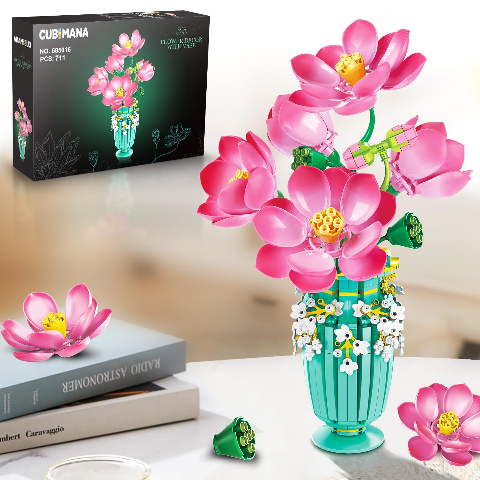 View 1 of **FOR PARTS ONLY**CUBIMANA Flowers Bouquet Building Sets with Vase - 711 PCS Artificial Flower Building Block, Fake Indoor Flower for Home Office Decor Table Display, Valentines Day Birthday Gifts for Adults Women