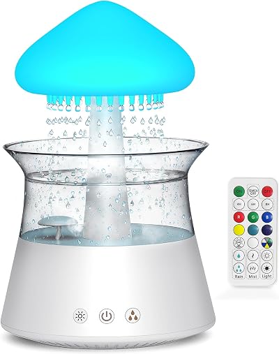 Diffuserlove Cloud Humidifier Rain Sounds Waterfall Lamp Mushroom Remote White