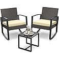 Qsun 3 Pieces Porch Furniture Set Patio Rocking Bistro Set Outdoor Patio Chairs Rattan Conversation Sets with Coffee Table for Front Porch Garden Balcony Backyard Poolside (Beige Cushion)