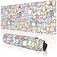 TOXXU Colorful Cute Cats Large Cartoon Gaming Mouse Pad with Anti-Slip Base, Kawaii Cat Extended XL Mousepad for Girl, Desk Mat with Stitched Edges for Desk, 31.5 x 11.8 in, Colorful