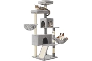 Feandrea Large Cat Tree Tower, 68.5-Inch Tall Cat Condo with Large Perch, Scratching Posts, Double Caves, Dove Gray UPCT006G01