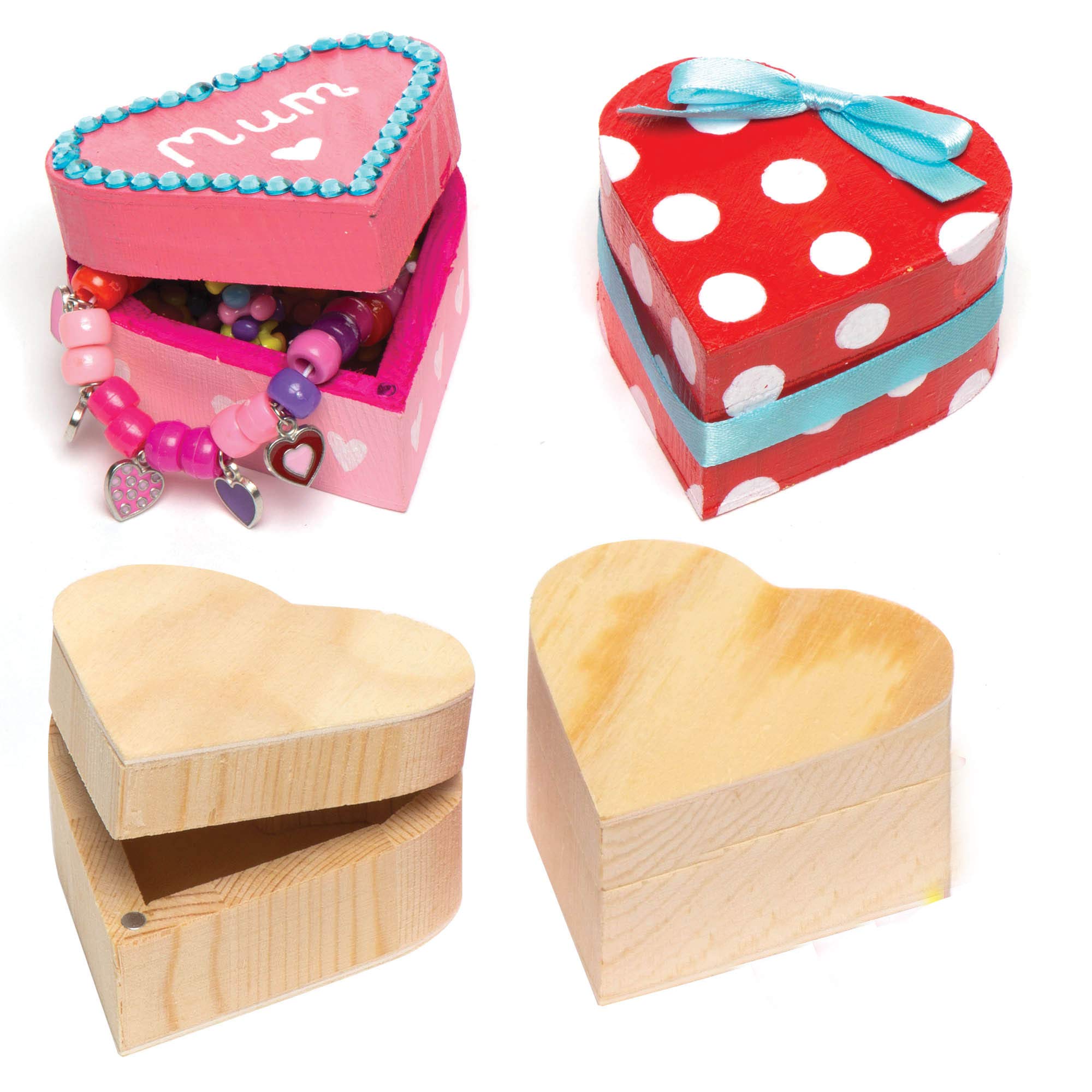 Baker Ross EK2436 Wooden Heart Boxes (Pack of 4) For Kids to Paint and Decorate and Gift,25 x 13 inch