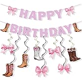 Pink Cowgirl Birthday Banner Decorations Kit, Boots and Bows Cutouts, Hanging Swirls for Western Themed Rodeo Bachelorette Party Supplies, Indoor & Outdoor Wall Ceiling Decor