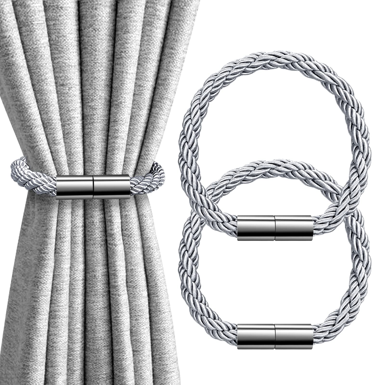 IAGORYUE Magnetic Curtain Tie Backs Set, Strong Magnet Curtains Clips Tiebacks with Weave Decorative Rope Drapery Holdback, Window Drape Buckle Holder for Thin or Thick Home Office, Pack of 2 (Silver)