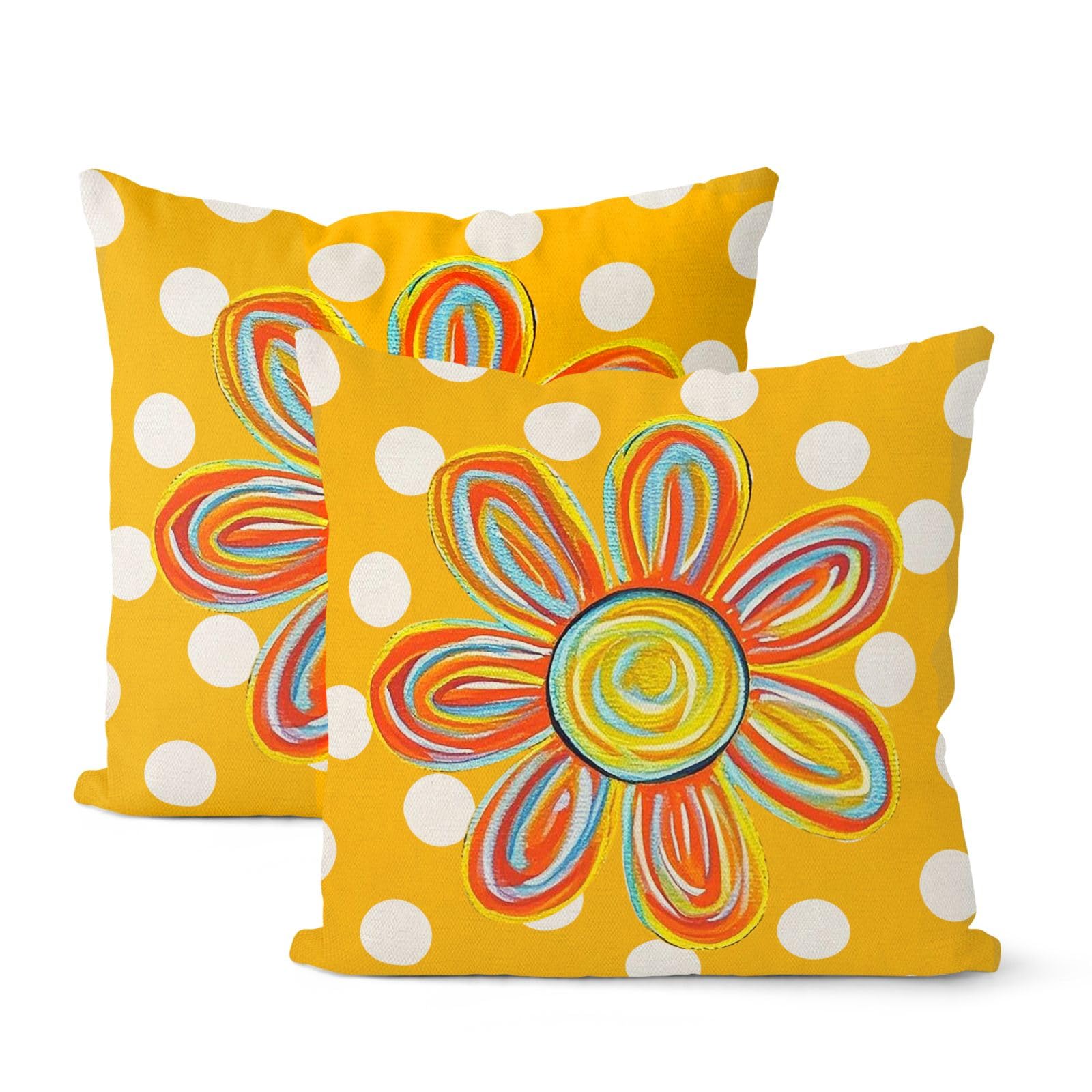 Photo 1 of QANOK Summer Pillow Covers 18x18 Set of 2, Yellow Polka Dot Watercolor Sunflower Throw Pillows Farmhouse Cushion Case Decorations for Home Couch Sofa