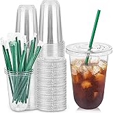 Qinsihwn 25 Set 16oz Plastic Cups with Flat Lids and Straws,Disposable Plastic Iced Coffee Cup,Disposable Clear Drinking Cups for Cold Beverages,Milkshakes,Smoothies