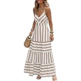 Caracilia Summer Maxi Dresses for Women Spaghetti Strap Back Smocked A Line V Neck Casual Long Dress Beach Vacation Clothes