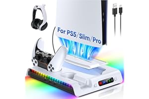 FASTSNAIL Charging Stand with Cooling Fan for PS5 Original/Slim/Pro, Dual Controller Charger Station with 9 RGB Lights, Headset Hook, 3 Cooler Fans and LED, Accessories Kit for PS5/Slim/Pro Console