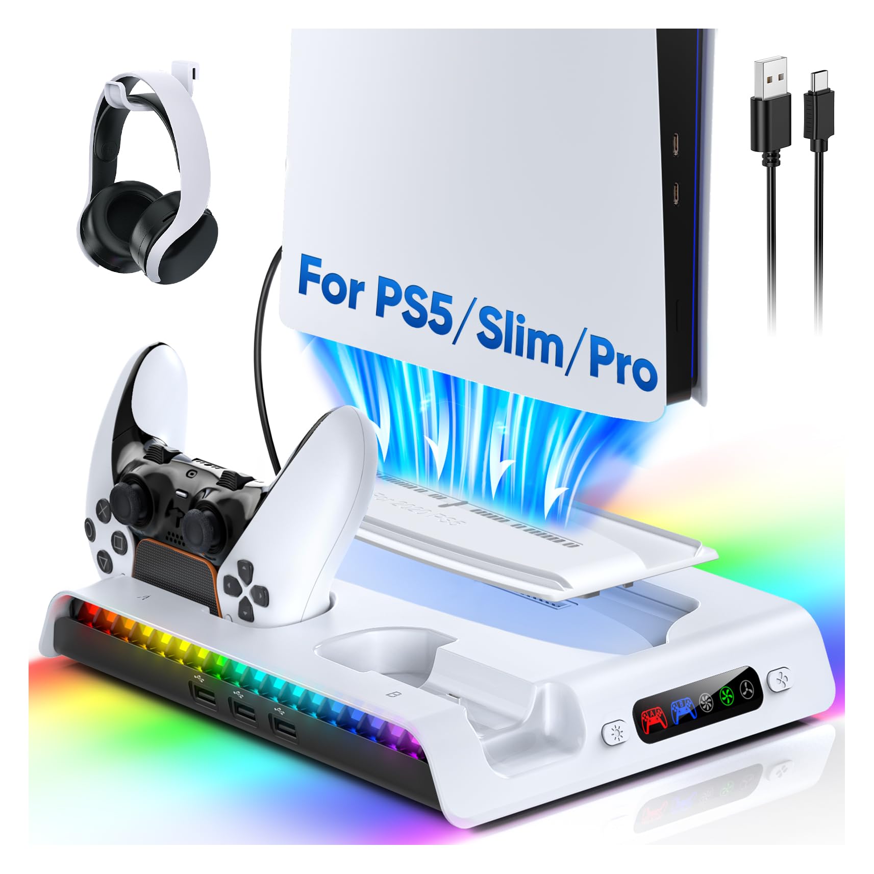 FASTSNAIL Charging Stand with Cooling Fan for PS5 Original/Slim/Pro, Dual Controller Charger Station with 9 RGB Lights, Headset Hook, 3 Cooler Fans and LED, Accessories Kit for PS5/Slim/Pro Console