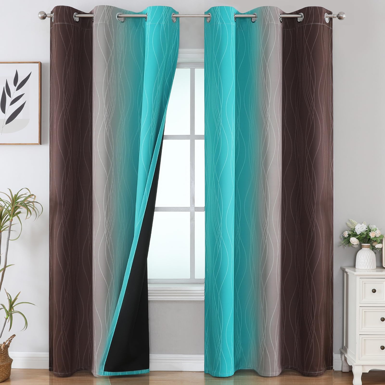 Photo 1 of ***(STOCK PHOTO FOR REFERENCE ONLY/ COLORS DIFFER)***Estelar Textiler Brown and Teal Room Darkening Blackout Curtains 84 Inch Length 2 Panels Set for Living Room, Thermal Insulated Ombre Light Blocking Grommet Blackout Drapes for Bedroom, 42Wx84L
