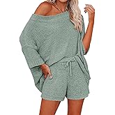 Ermonn Womens 2 Piece Outfits Sweater Sets Off Shoulder Knit Tops Waist Short Suits Casual Pajama Set
