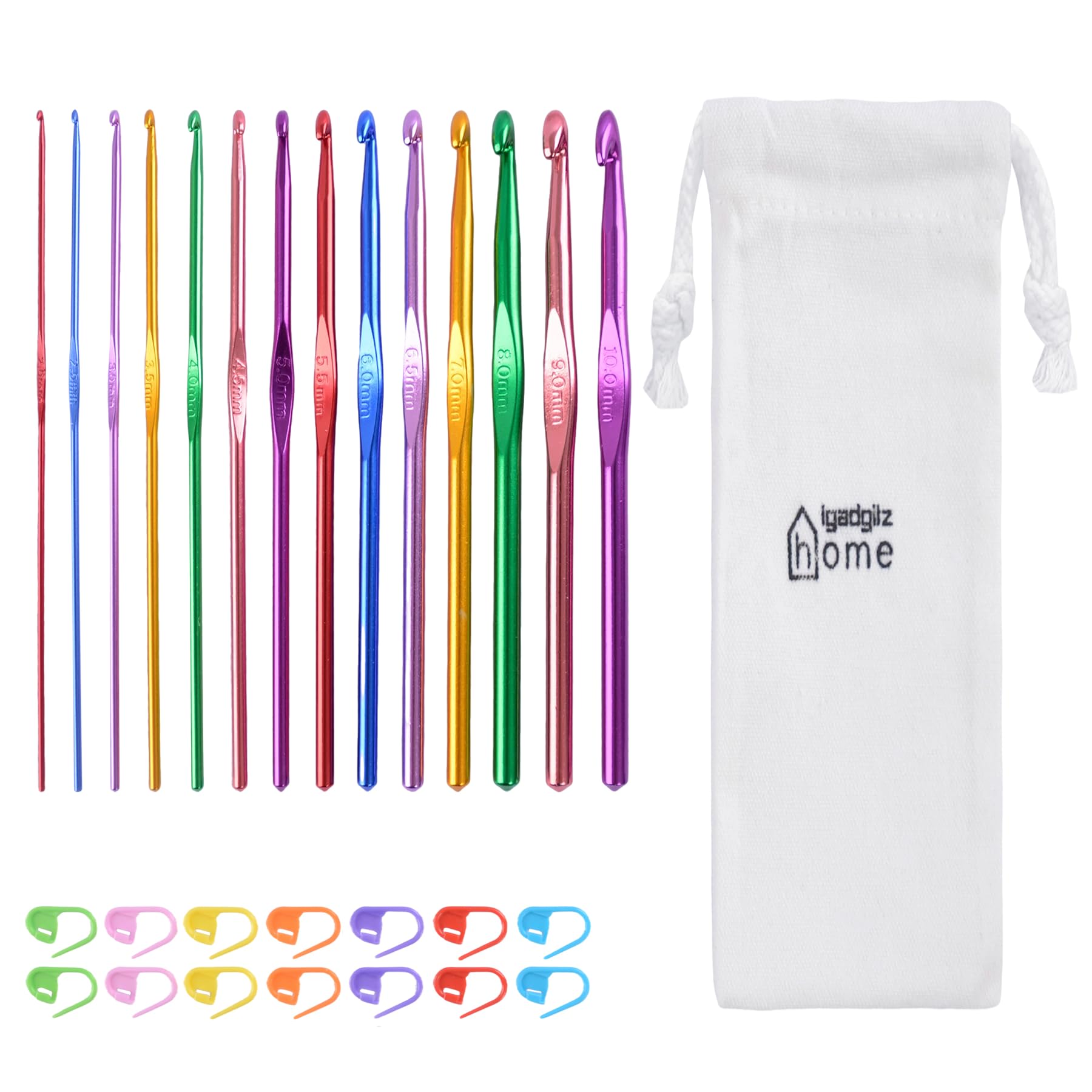iGadgitz Home U7252 14-Piece Aluminium Crochet Hooks Set (2 - 10mm) plus 14-Piece Locking Stitch Markers with Drawstring Pouch - Multicoloured