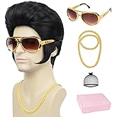Yargel Hair 50s Disco Rock Wig with Glasses and Necklace Black Singer Rocker Costume Wigs for Men 50s 60s Funny Wig for Halloween Costume Cosplay Party Use (4pcs Set)