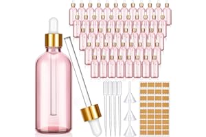 Lallisa 48 Pcs Glass Dropper Bottles with Eye Dropper Dispensers Lab Dropping Bottles with 4 Pcs Long Pipettes 4 Funnel and 80 Label for Travel Cuticle Massage Essential Oils Perfume (Pink,4 oz)