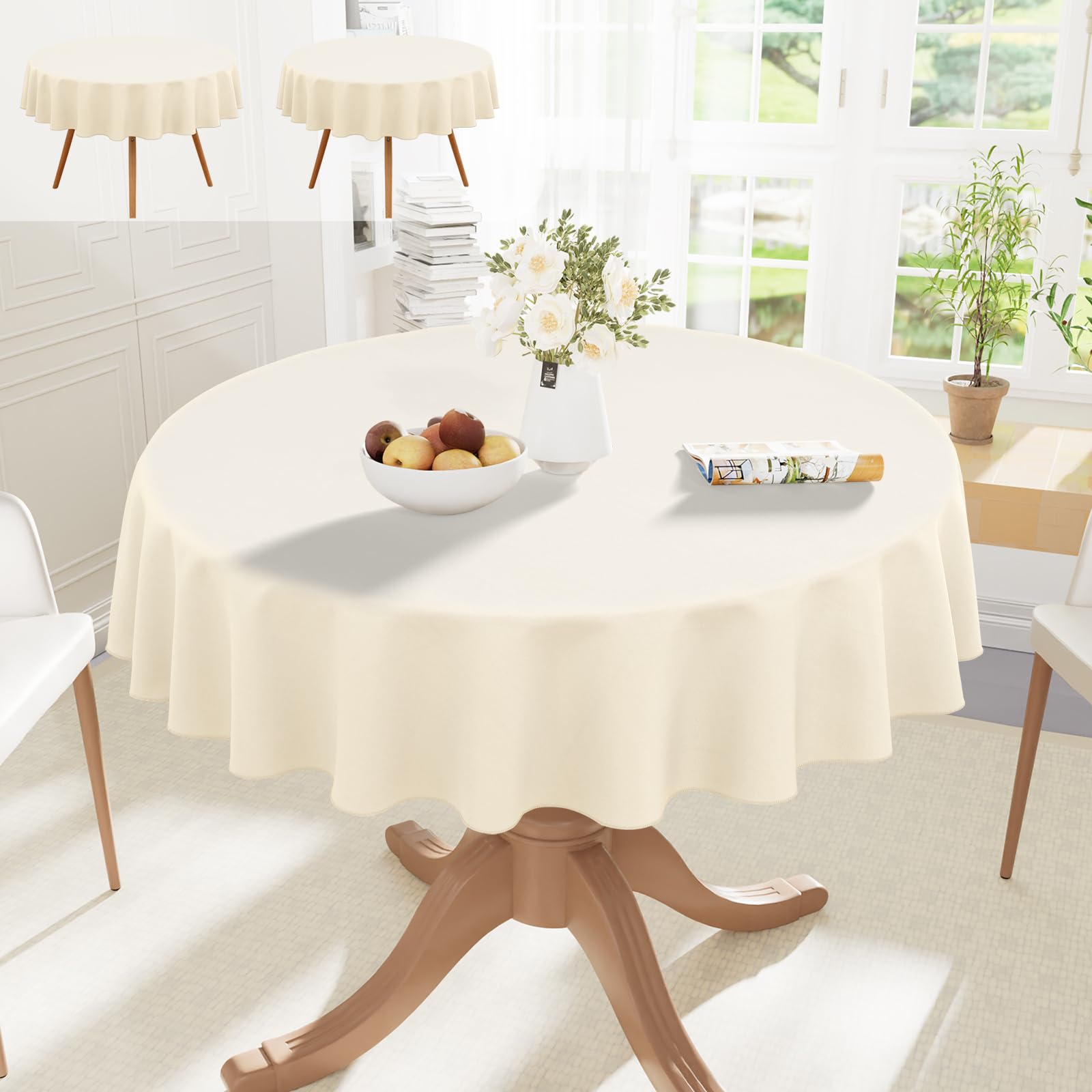smiry Table Cloth Round 150 cm Pack of 2 - Washable Fabric Dining Tablecloth, Dust-Proof Polyester Table Cover for Party Garden Kitchen Outdoor, Beige