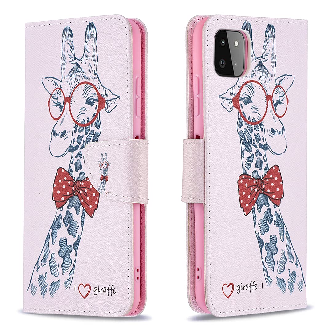 Thoankj Samsung Galaxy A22 5G Case Shockproof Slim PU Leather Flip Pouch Wallet Phone Silicone Cover with Magnetic Stand Card Holder Slot Protective Smartphone Cases for Samsung A22 5G Giraffe