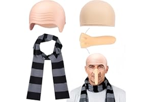 GOWPUG 4-Piece Halloween Costume Set for Adults, Black Gray Striped Scarf, Fake Nose & Bald Cap for Men Cosplay Halloween Costume Accessories