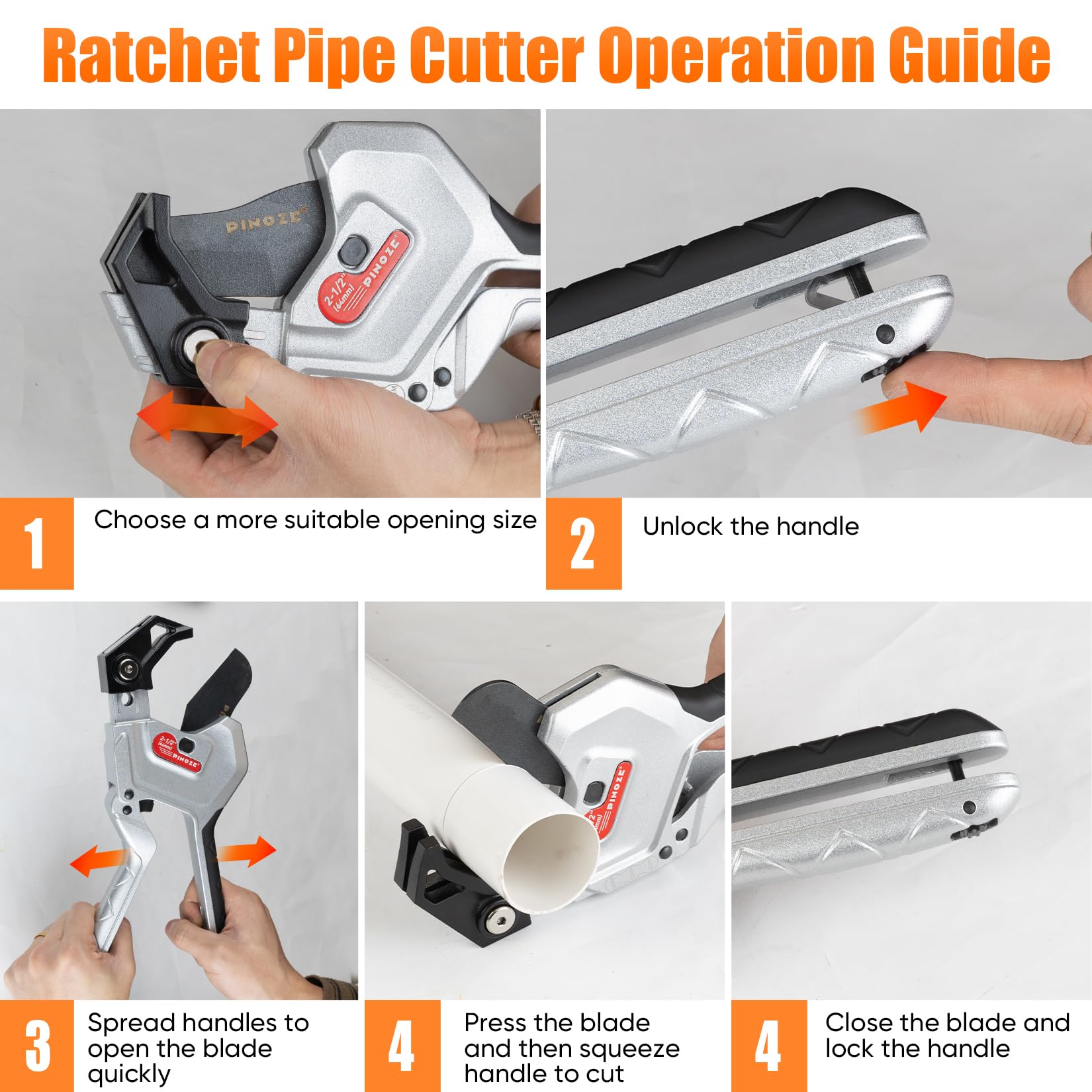 PINOZE PVC-Rohrschneider, 3-Gang-Einstellung, Schnitt bis zu 63 mm, Ratschen-Rohrschneider-Werkzeug, robust für PVC, PPR, PE, PEX, Kunststoffschläuche und Sanitärrohre mit Teflon-SK5-Klinge 6
