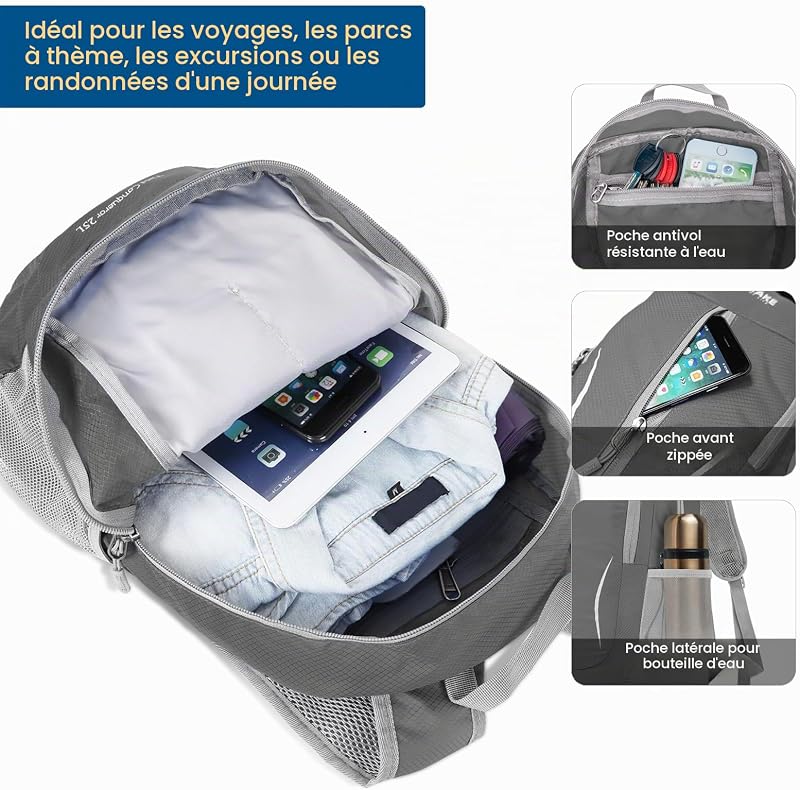 Sac a Dos Pliable Ultra Léger - Sac à Dos Pliable De Randonnée Petit Packable Daypack 25L Pour Femme Homme Sports Et Plein Air(Gris Foncé) — photo 3 sur 7