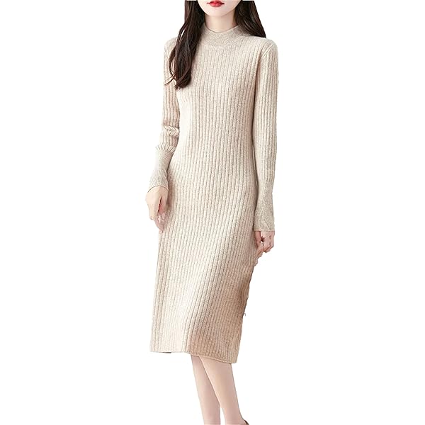 Women's Wool Knitted Dress Mock Neck Long Sleeve Solid Color A-Line Slim  Knee Length Dresses Apricot One Size at Amazon Women's Clothing store