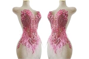 ESOSZNUA Pure Handmade Bodice lace Rhinestones Applique Sewing Stones Beads Crystal Trimming Patches Accessories for Wedding Dress Ostrich Feather Decorations 13.7X22inches 1pcs/Bag (Pink)