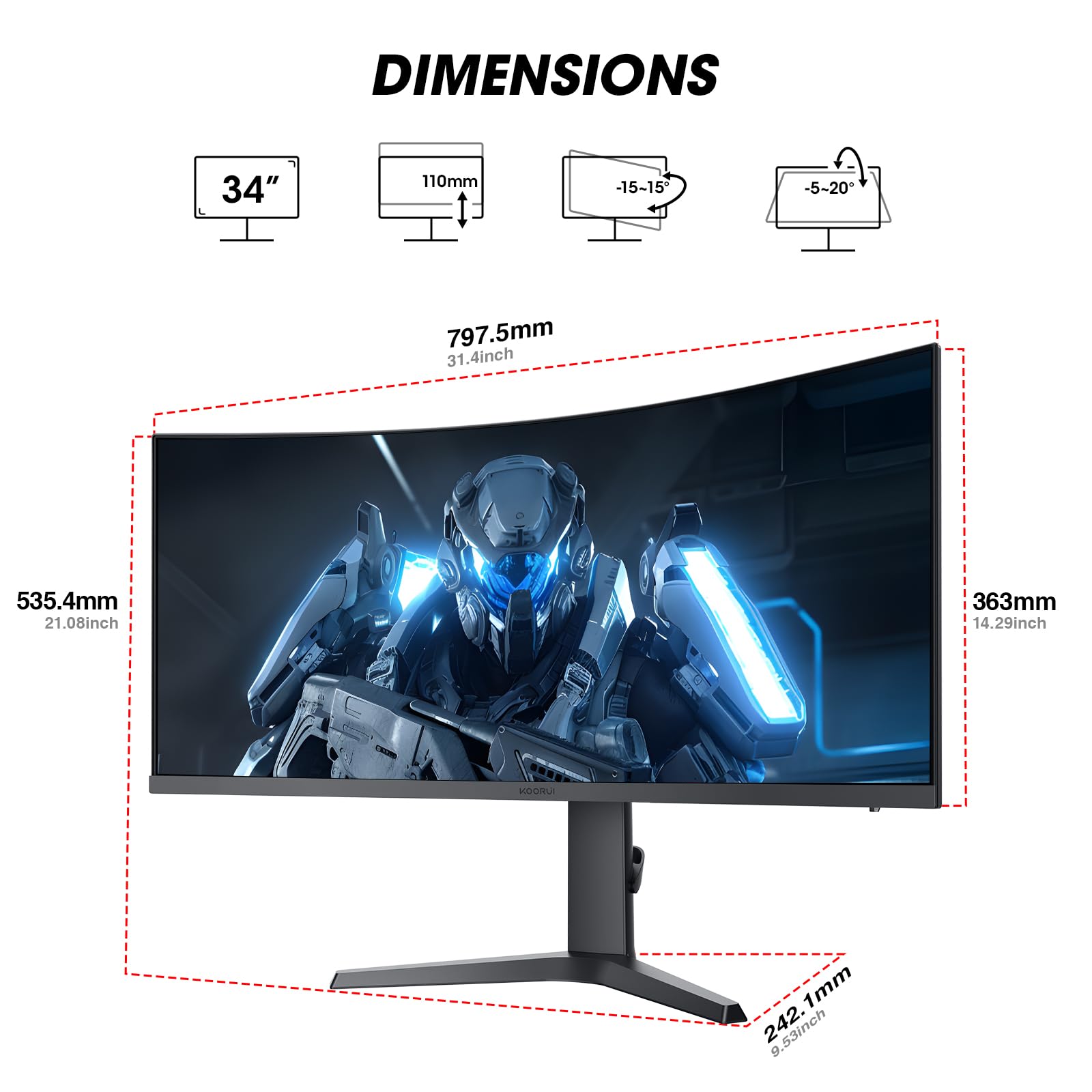 KOORUI 34E6UC 34 Zoll Ultrawide Curved Gaming Monitor, PC Bildschirm 200Hz, 1MS HDR 400, 1000R, UWQHD 3440x1440, Adaptive Sync, 2xHDMI & Display Port, VESA 75x75mm, DCI-P3 90% Höhenverstellbar 6