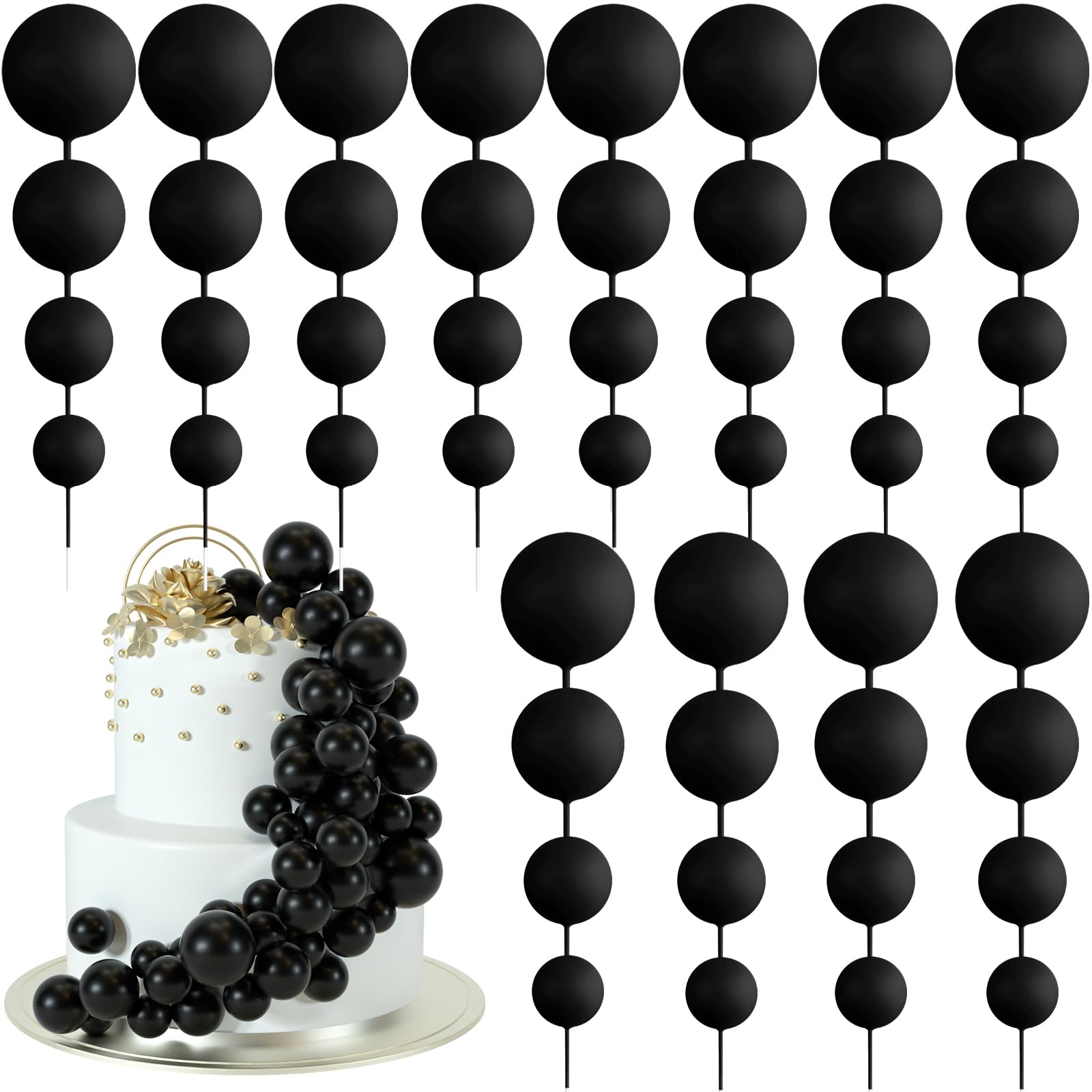 Photo 1 of BOUBONI 48 Pcs Balls Cake Topper Decorations Balloon Cupcake Toppers Foam Cake Topper Balls Cake Balls Decorations for Birthday Party Wedding Anniversary Cake Decorating (Black)