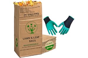 AimGrowth 10 Count 30 Gallon Lawn and Leaf Bags with Gardening Gloves, 2-Ply Heavy Duty Large Kraft Paper Bags | Tear Resistant Yard Waste Bag for Grass Clippings, Wet and Dry Leaves, Weeds, and Twigs