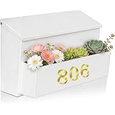 Ydocabinit Wall Mount Mailbox, Large Capacity for House, Outside, with 3 Sets of 0-9 Number Stickers &amp; Flower Planter, Galvanized Steel Rust-Proof Metal Post Drop Box, 15.74"&times;9.84"&times;6.41" White