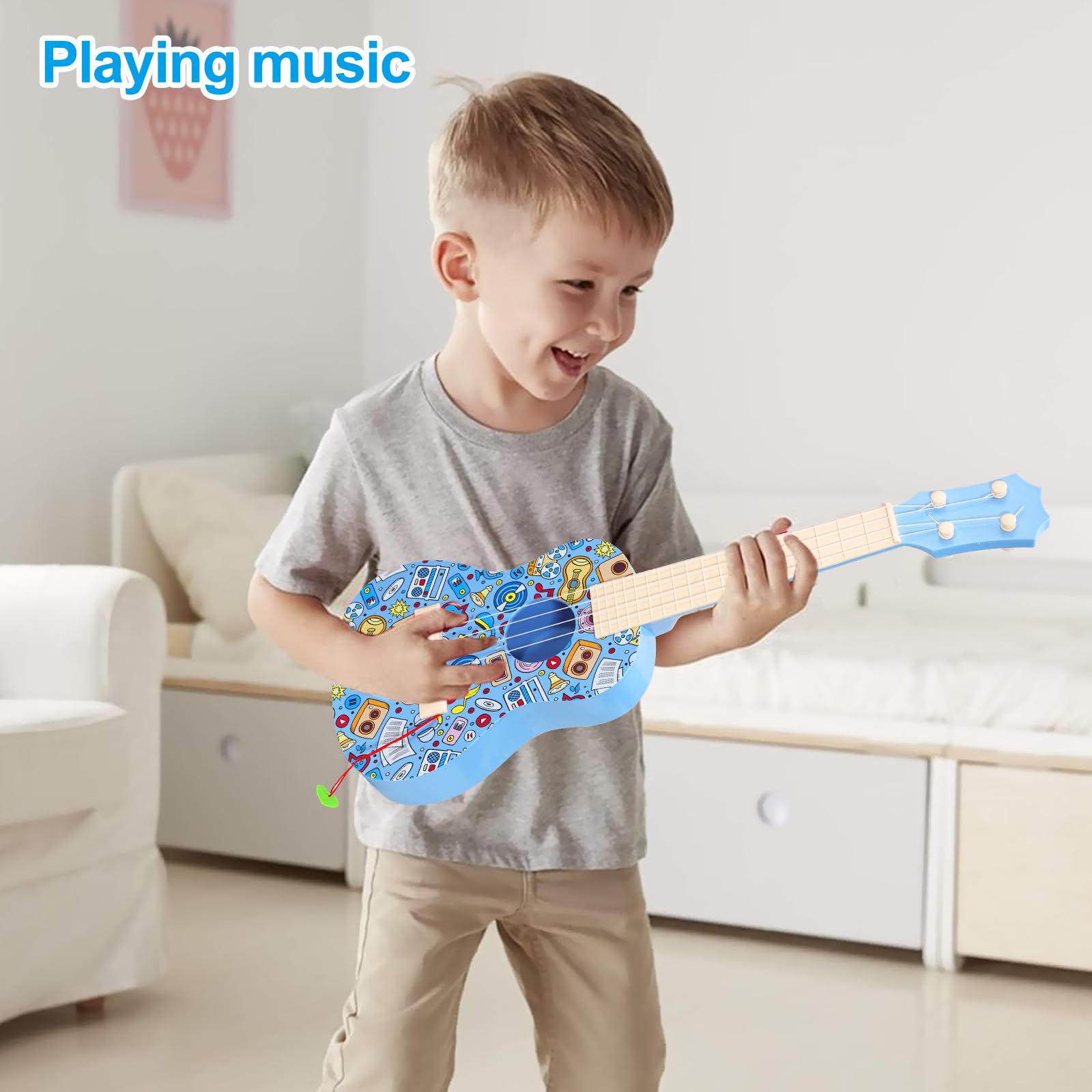 LeeQee 21in Colorful Graffiti Ukulele Guitar, 4 Strings Musical Instruments Learning Educational Toys with Picks for 3-12 Kids Toddler Boys Girls (Blue)