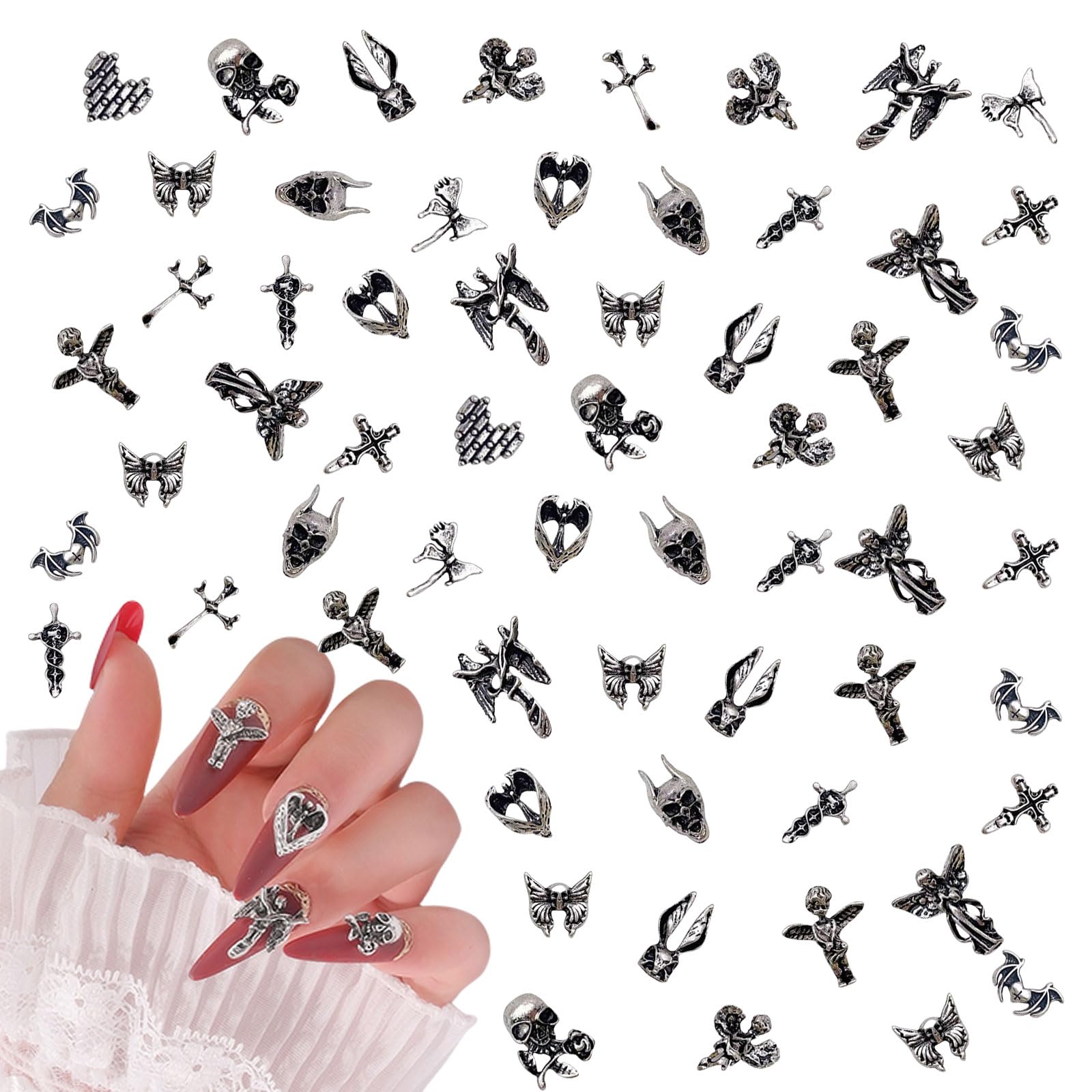 Cross Nail Charms,120Pcs Heart Bow Skull Bat Antique Silver Metal Punk Nail Decorations,Retro Gothic Rivet Accessories Nail Ornaments for Manicure Design DIY Crafts