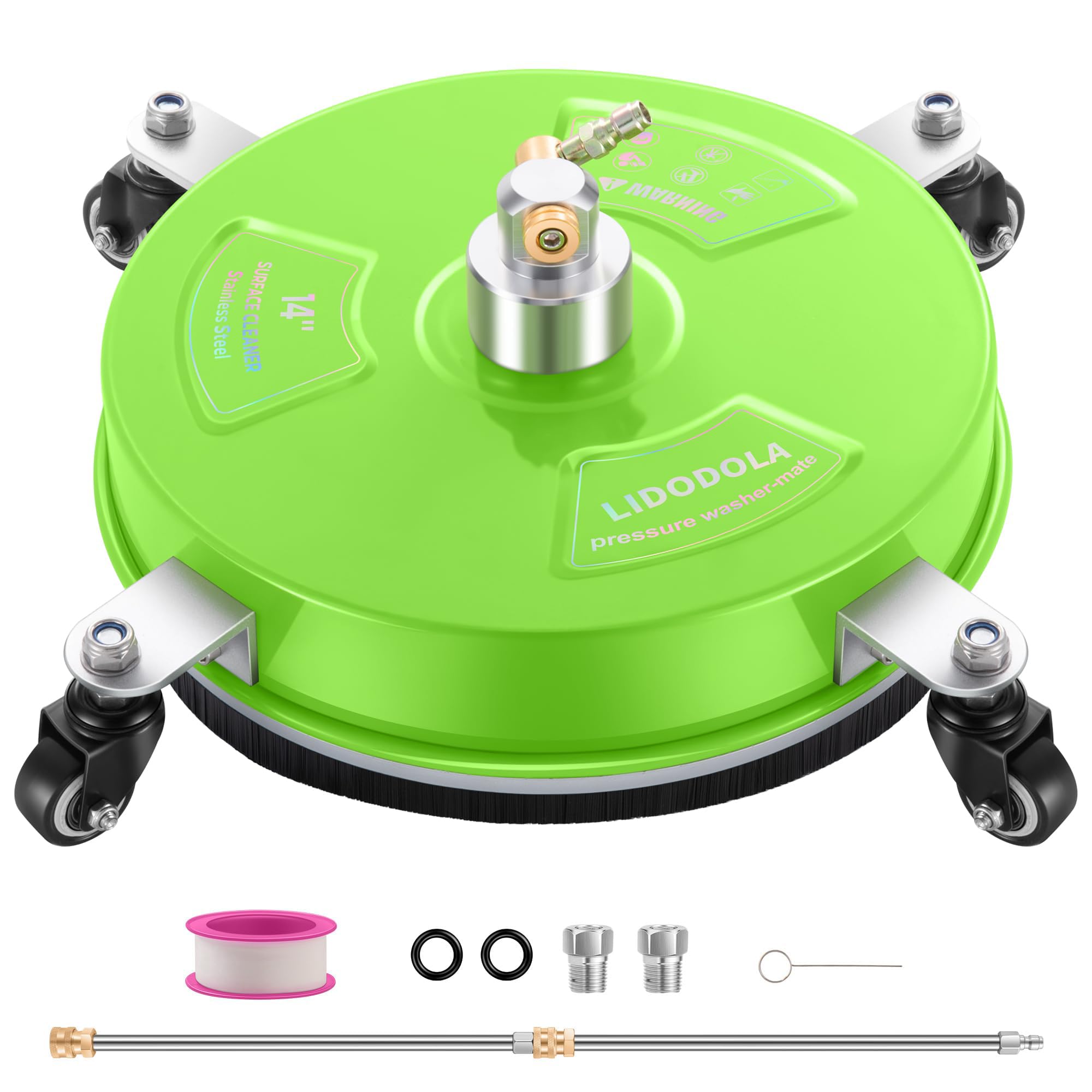 Photo 1 of 14" Pressure Washer Surface Cleaner with 4 Wheels - Coated Green Stainless Steel Surface Cleaner for Pressure Washer Attachment for Concrete, Patio, Sidewalk, Deck and Driveways - PWS14G