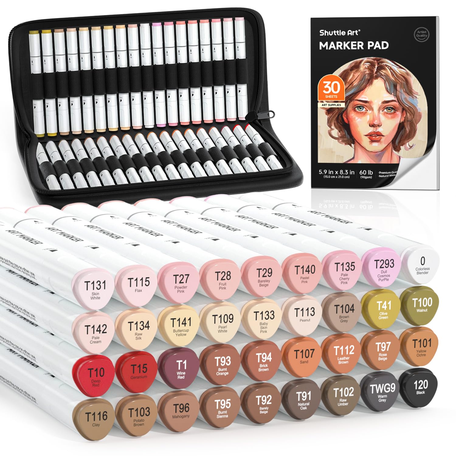 Shuttle Art 36 Colors Skin Tone&Hair Art Markers, Dual Tip Alcohol Based Marker Pen Set Contains 1 Blender 1 Carrying Case 1 Marker Pad Perfect for Kids & Adults Portrait,Comic, Anime, Manga
