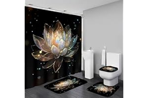 AZHM 4PCS Lotus Shower Curtain Set Black and Gold Flower Bathroom Decor Sets with Shower Curtain and Rugs and Accessories with 12 Hooks for Toilet