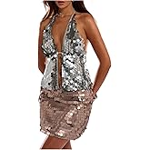Floerns Women's Sequin Halter Crop Tops Backless Sleeveless Party Club Rave Sparkly Top