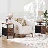 HOOBRO Narrow Bedside Table with Charging Station Set of 2 Rustic Brown Black view 2