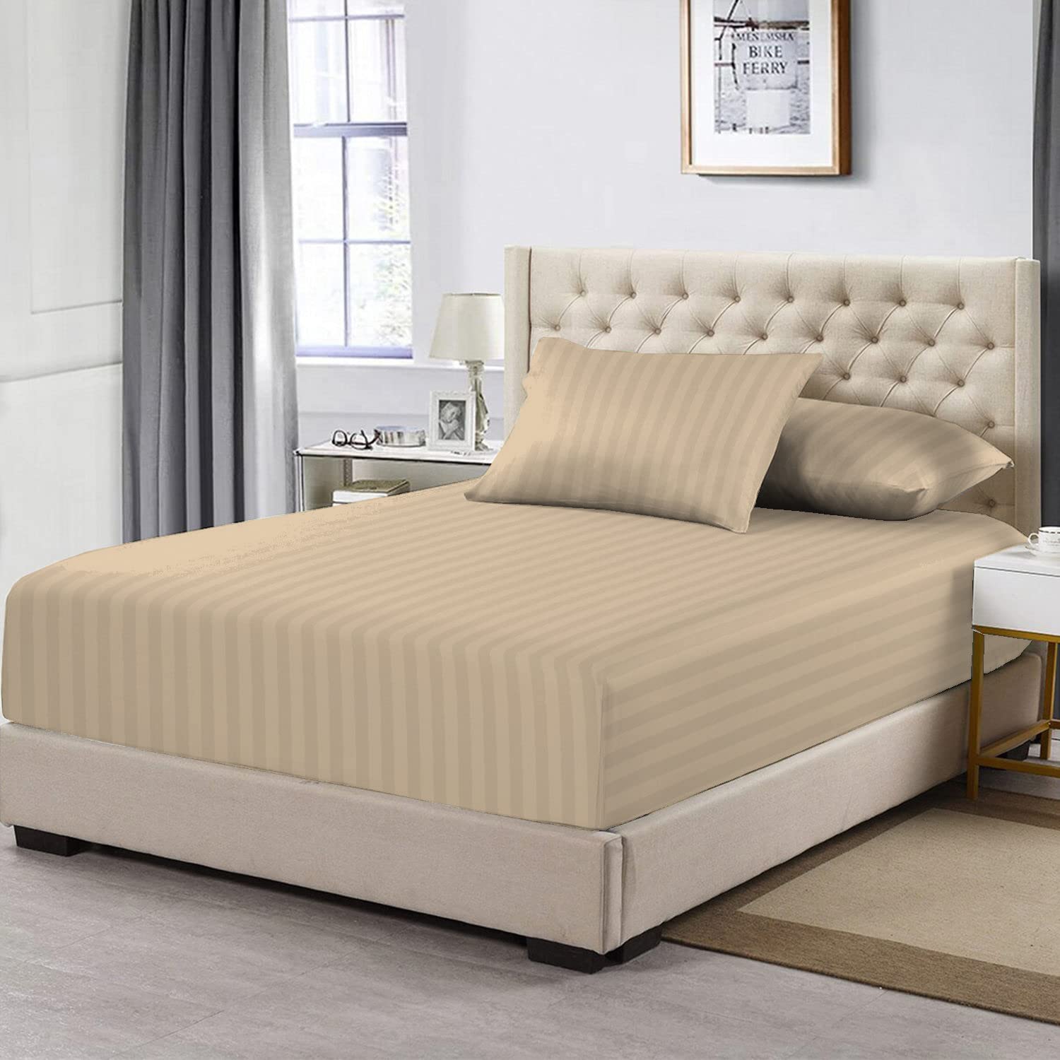 100% Cotton Taupe Satin Stripe King Size Fitted Sheets, 300 Thread Count Long Staple Combed Cotton Damask Bedding, 40 cm Deep Fitted King Size Sheet (160cm x 200cm Fitted Sheet King Size) - Pizuna