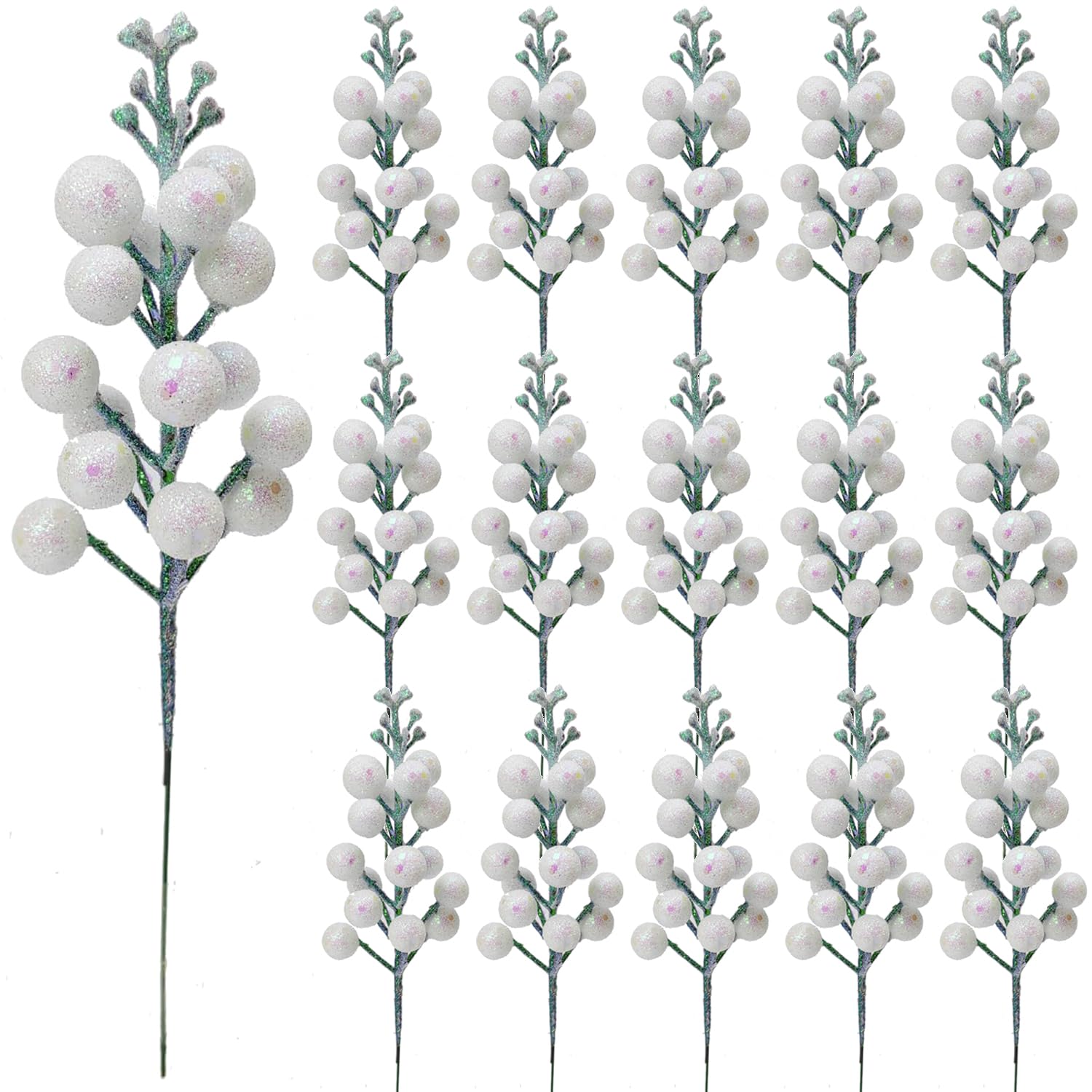 Pack of 16 Christmas Glitter Berry Stem, Artificial Berry Picks Holly Berries Branches for Christmas Tree Decoration Wreath Making Supplies DIY Crafts Holiday Season Winter Home Decor (Glitter White)