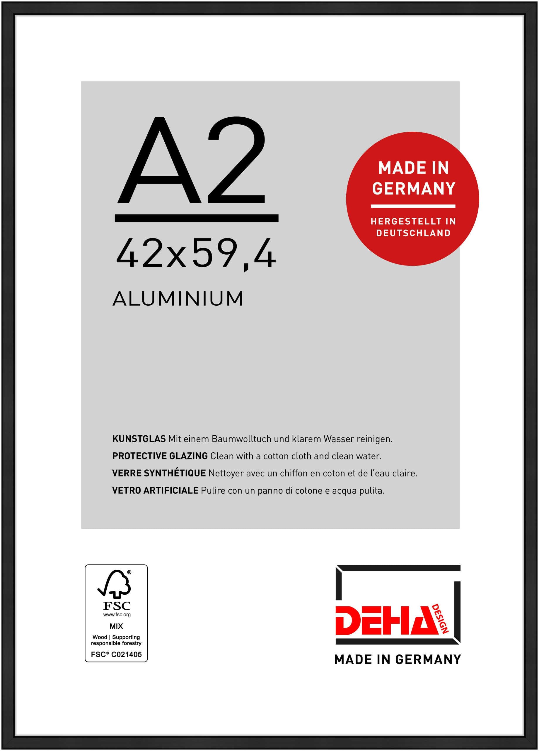 DEHA Design Boston Aluminium Picture Frame - A2 (42x59.4 cm) – Matt Black - with Synthetic Glass and Push/Turn Clips