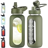 EALGRO 32 oz Glass Water Bottle with Straw and Handle, Sports Motivational Water Flask with Silicone Sleeve, Large Leakproof Water Flask Cup with Time Marker for Travel, Gym, Army Green