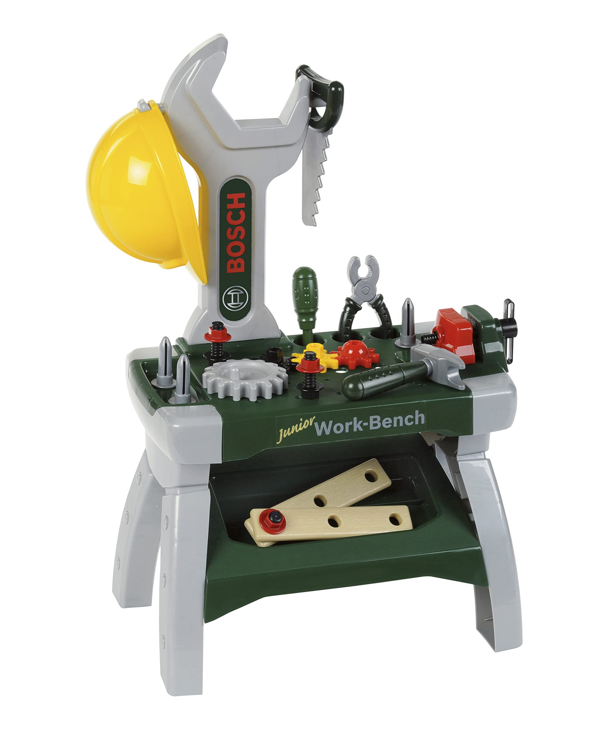 Theo Klein 8604 Bosch Werkbank Junior I Inkl. Helm, Schraubstock, Werkzeugen, Latten, Nägel, Schrauben und Muttern I Maße: 49 cm x 29 cm x 71 cm I Spielzeug für Kinder ab 2 Jahren