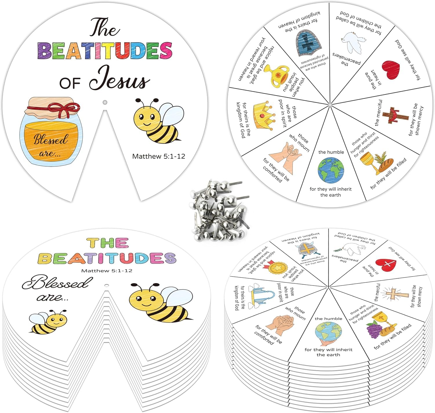 A1DIEE Religious Coloring Wheel Craft - 24 Sets Beatitudes Christian Craft, Color Your Own Jesus Art Kit, Biblical Bee DIY Crafts for Sunday School Classroom Church Activities VBS Supplies — image 1