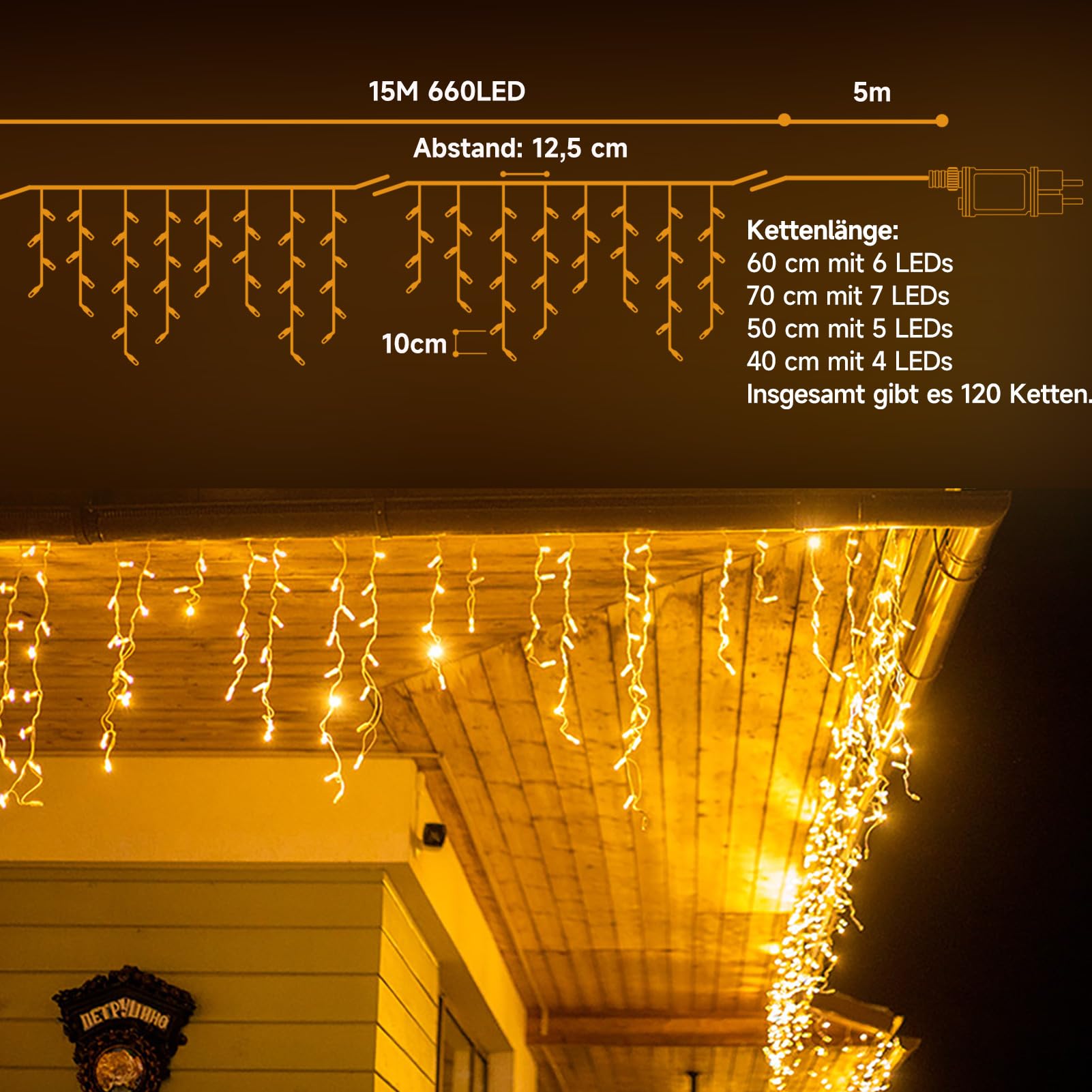 WOWDSGN LED Eisregen Lichterkette Außen, 15M 660LED Eiszapfen mit Timer 8 Modi IP44 wasserdicht Strombetrieben, Lichtervorhang für Weihnachten Dachkante Dachrinne Terrasse Balkon Warmweiß 2