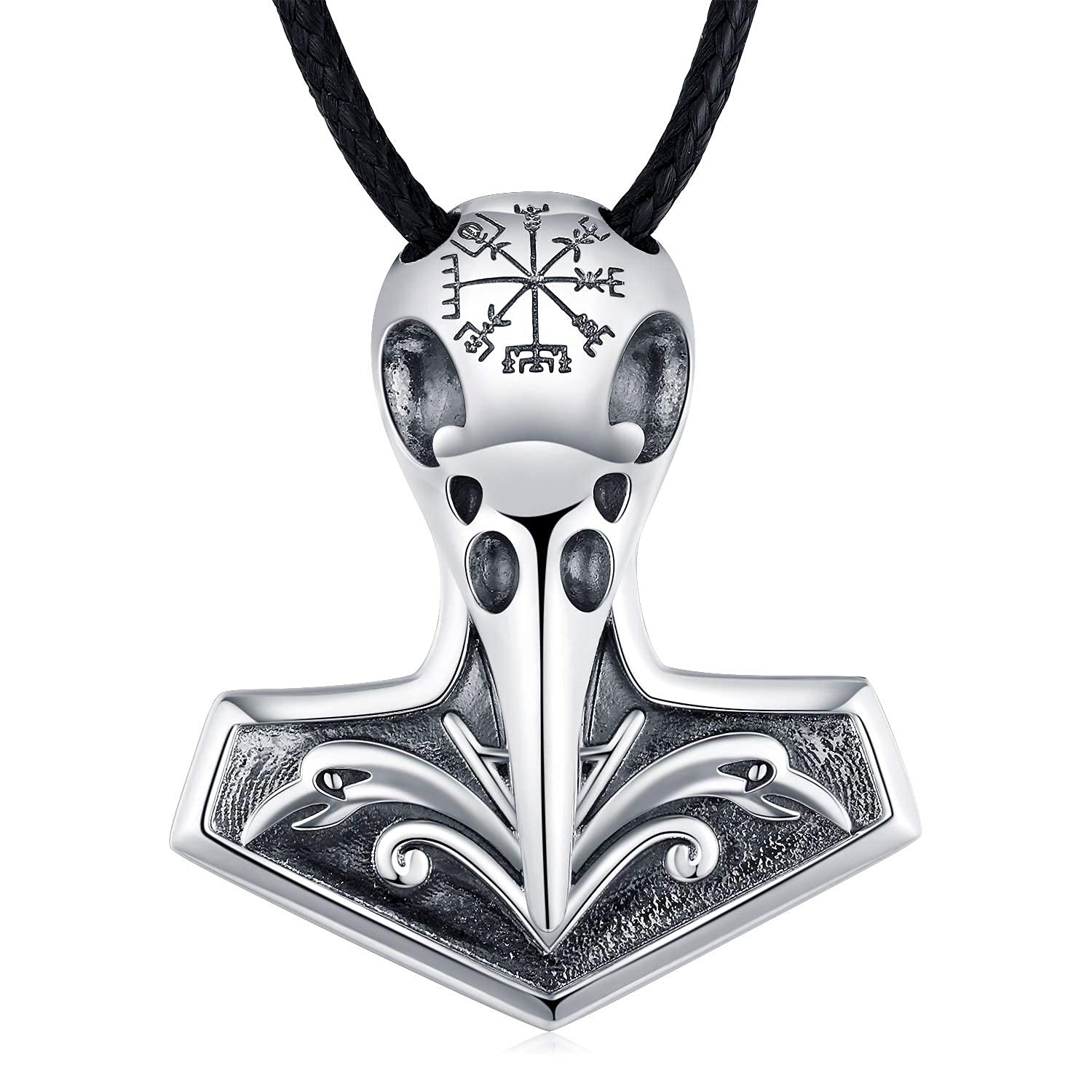 TANGPOET Raven Skull Necklace 925 Sterling Silver Viking Crow Pendant Norse Amulet Jewellery Halloween Gifts for Men Women